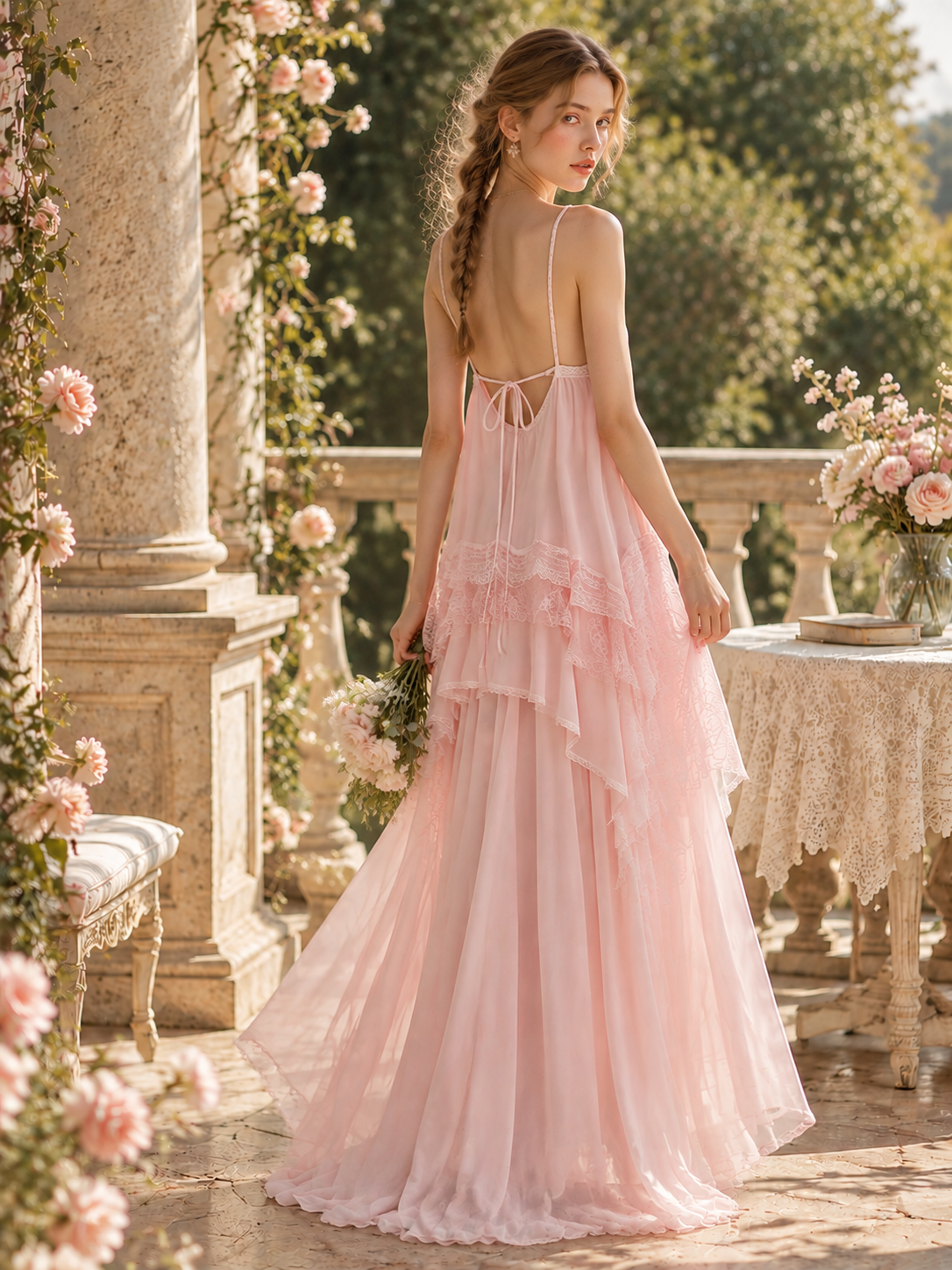 Wholesale Pink Tiered Ruffle Maxi Dress