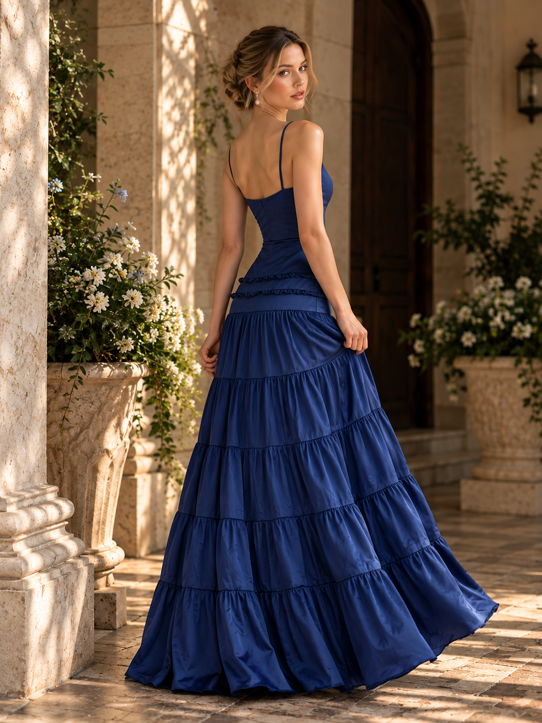 Wholesale Elegant Blue V Neck Tiered Maxi Dress