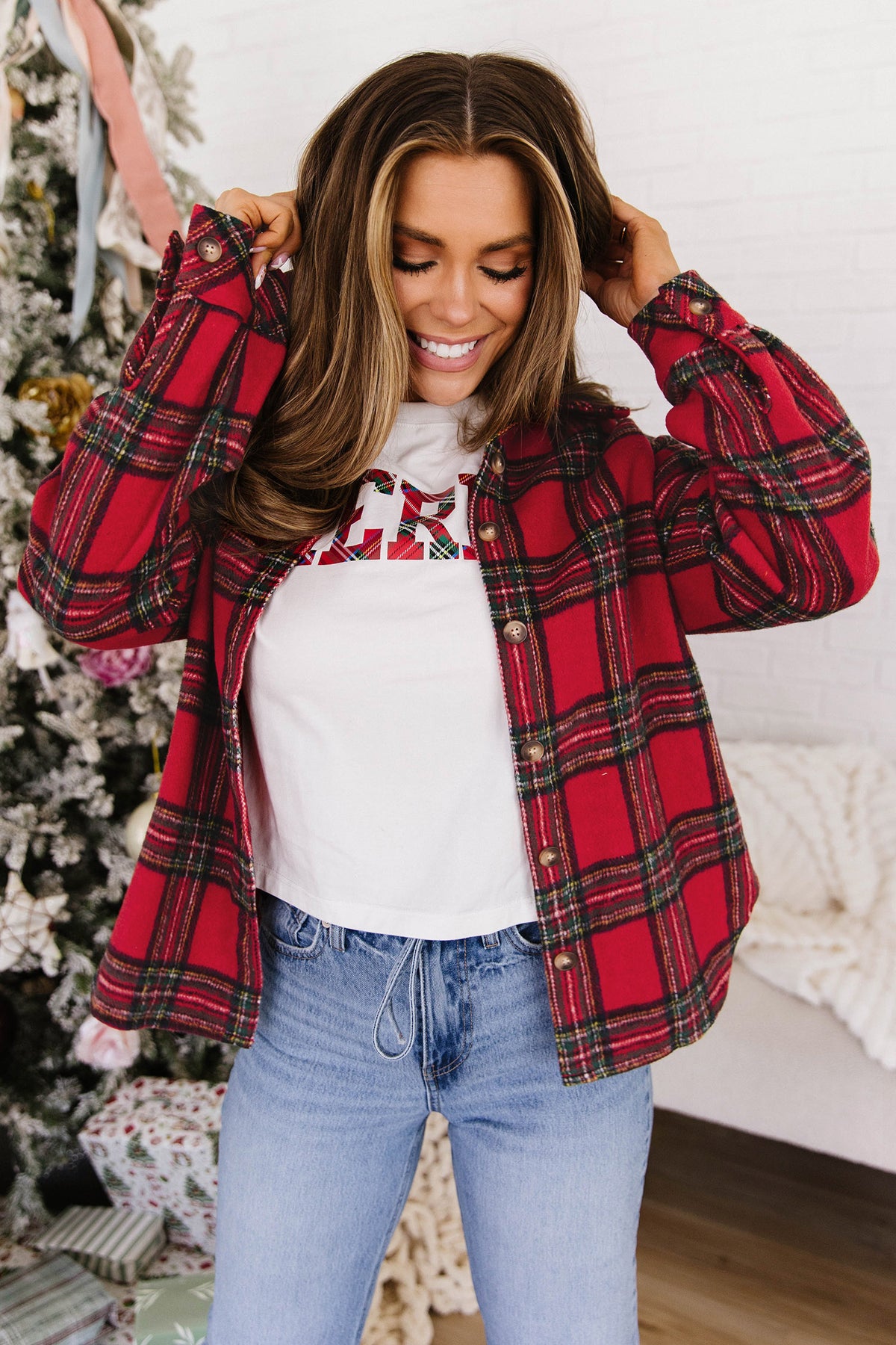 Red Plaid Button Front Shacket Main image