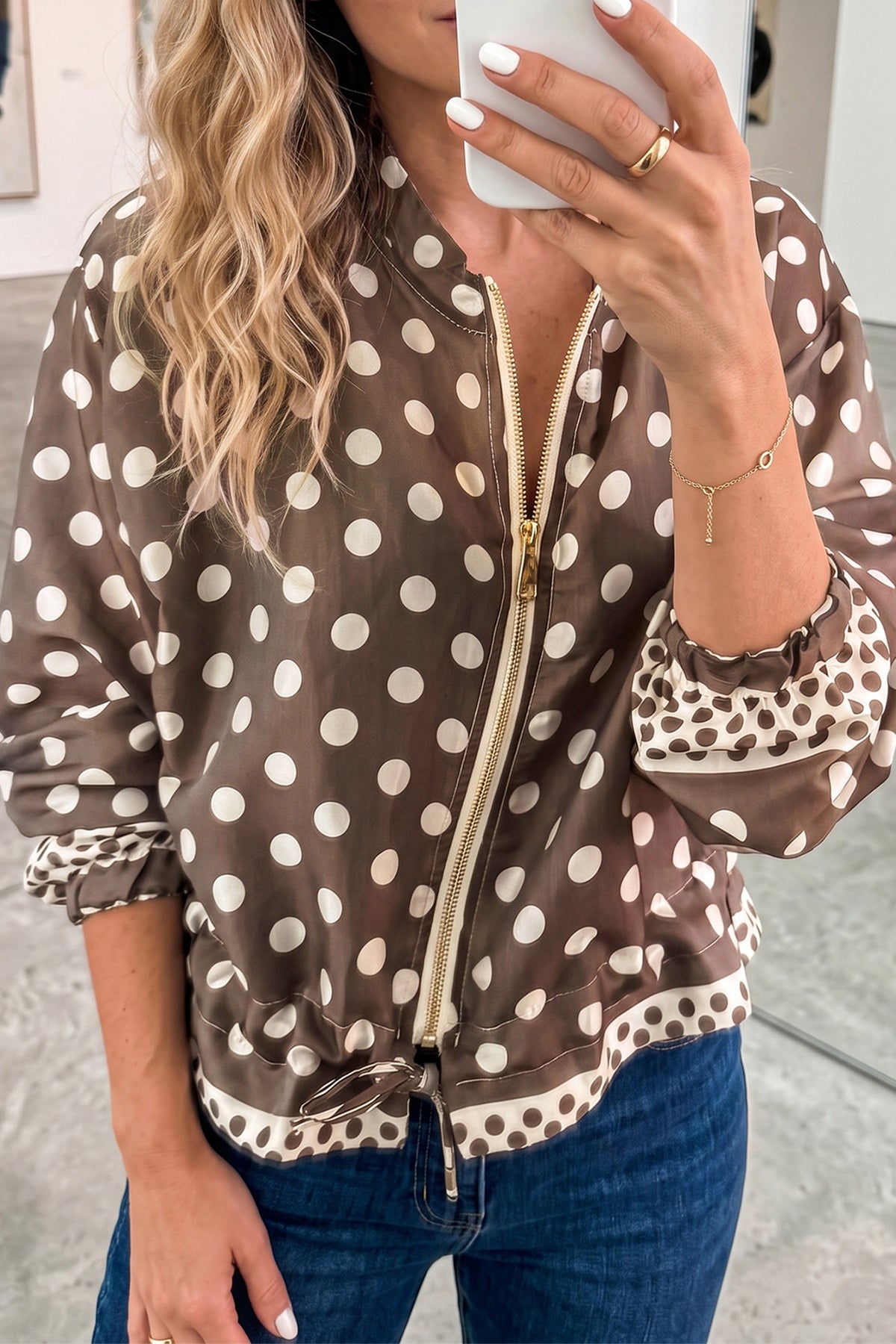 Brown Polka Dot Contrast Detail Zip-Up Long Sleeve Shacket Main image