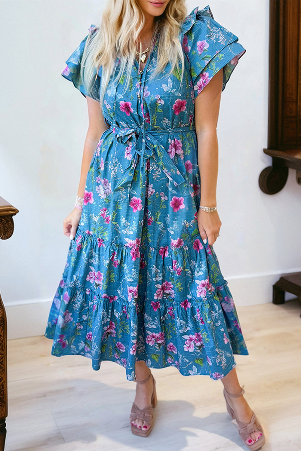 Blue 100% Cotton Floral Flutter Sleeve Button Tie Split Neck Belted Long Dress