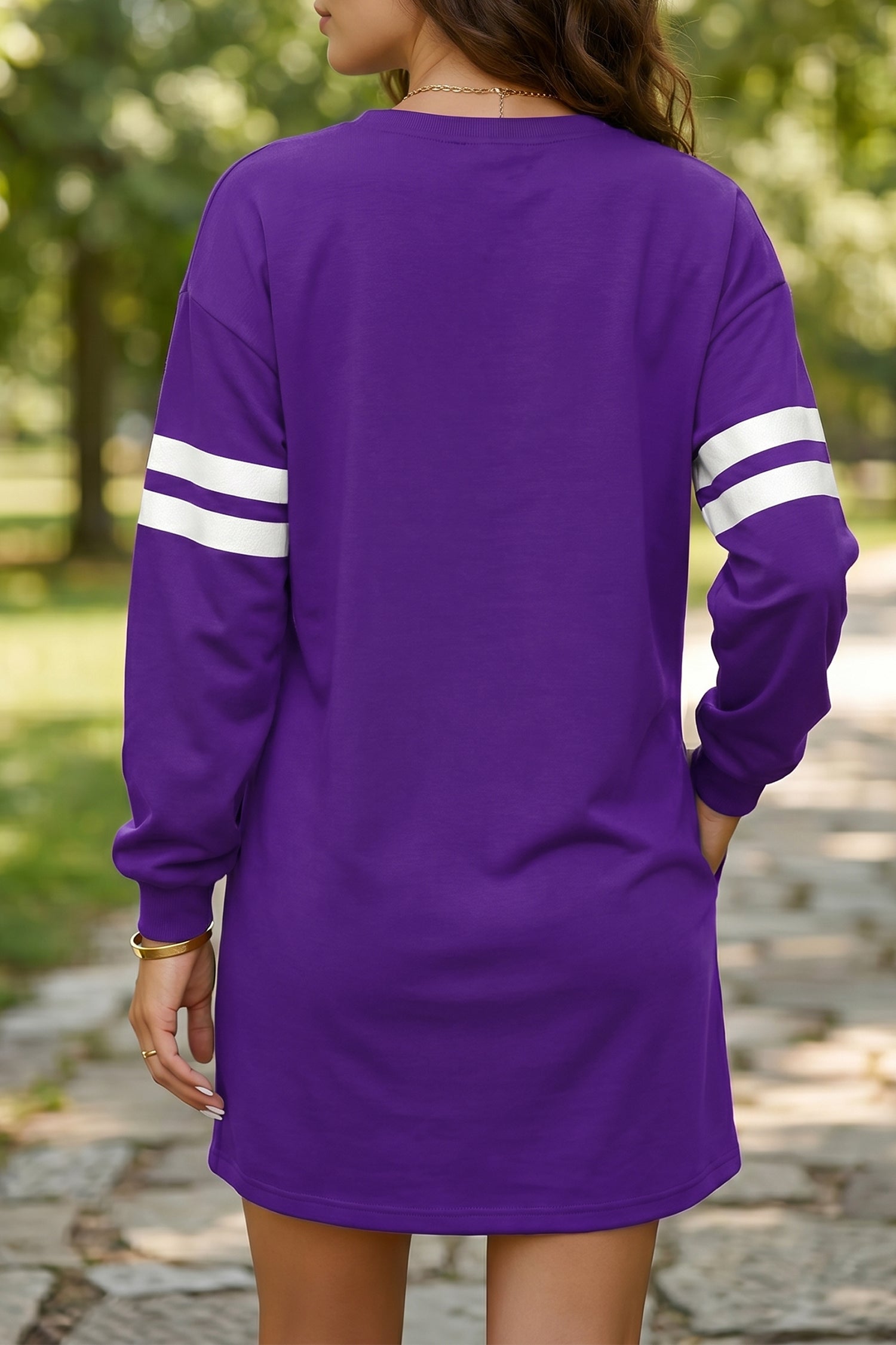 Tillandsia Purple Varsity Contrast Banded Sleeve Shift Sweatshirt Dress Secondary image