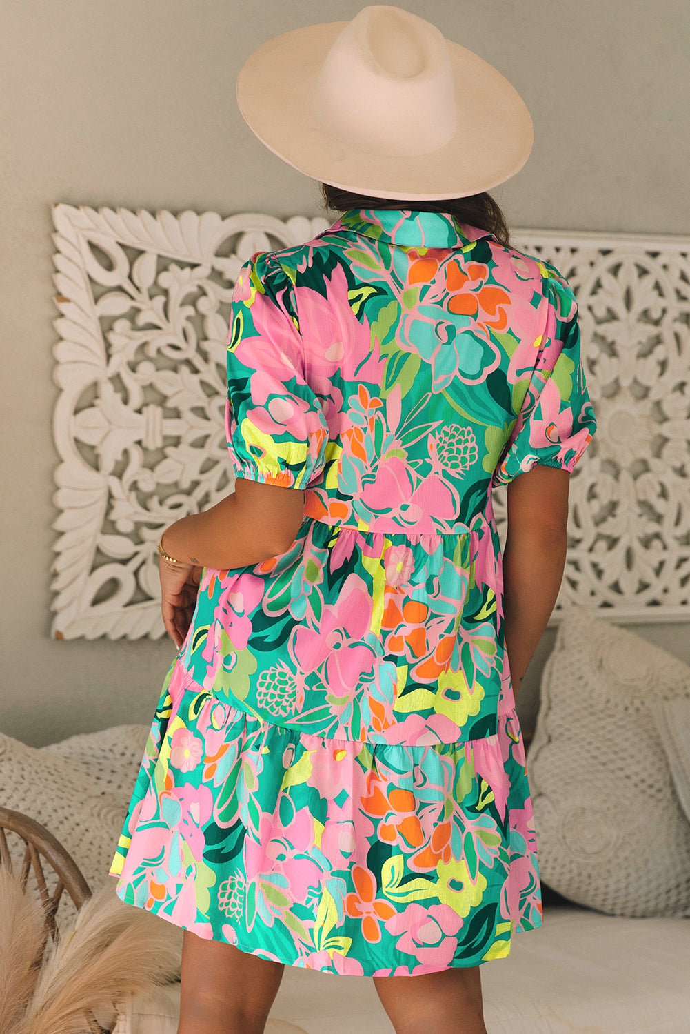 Green Floral Puff Sleeve Collar Buttoned Babydoll Dress Secondary image