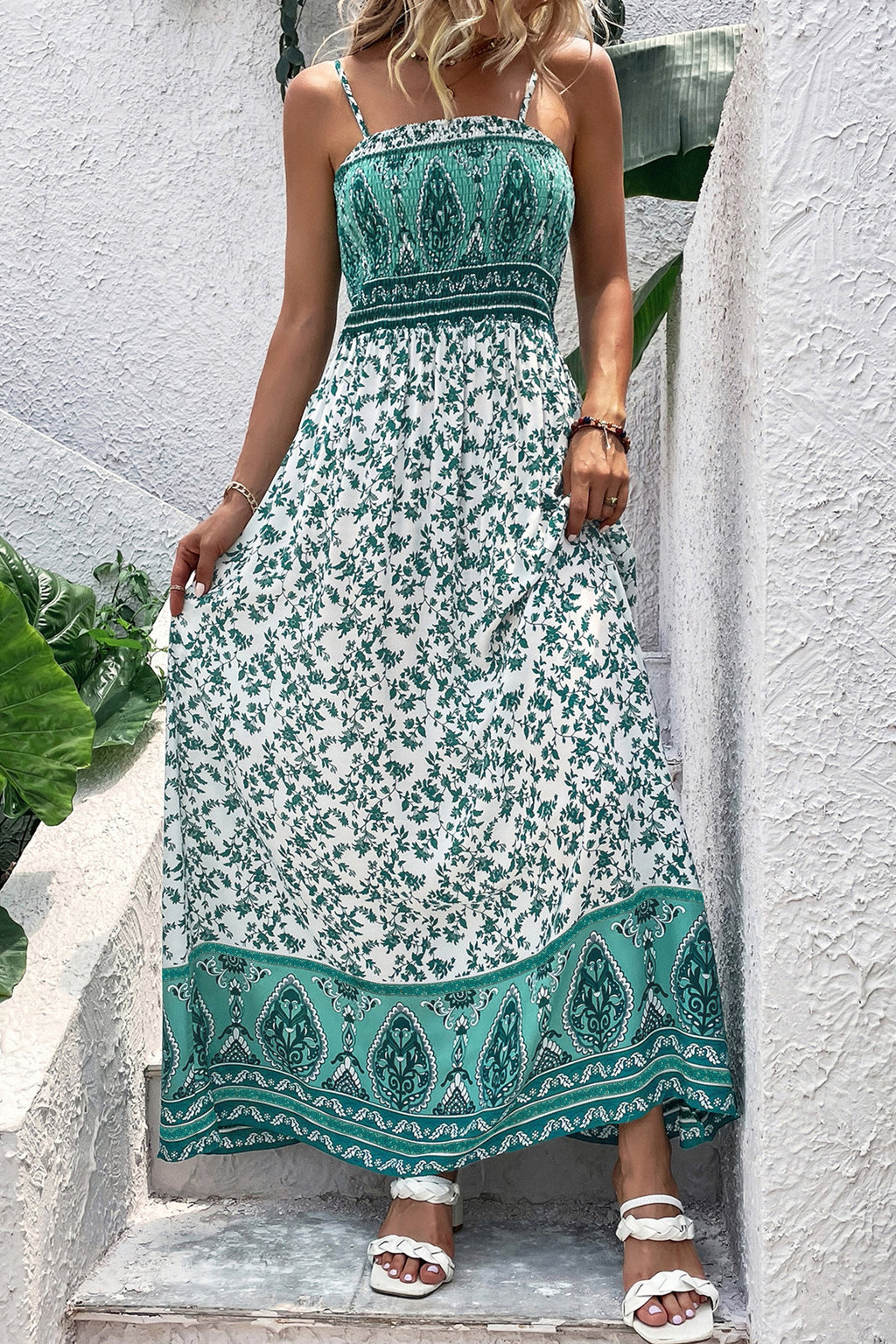 Green Boho Floral Print Shirred Cami Maxi Dress