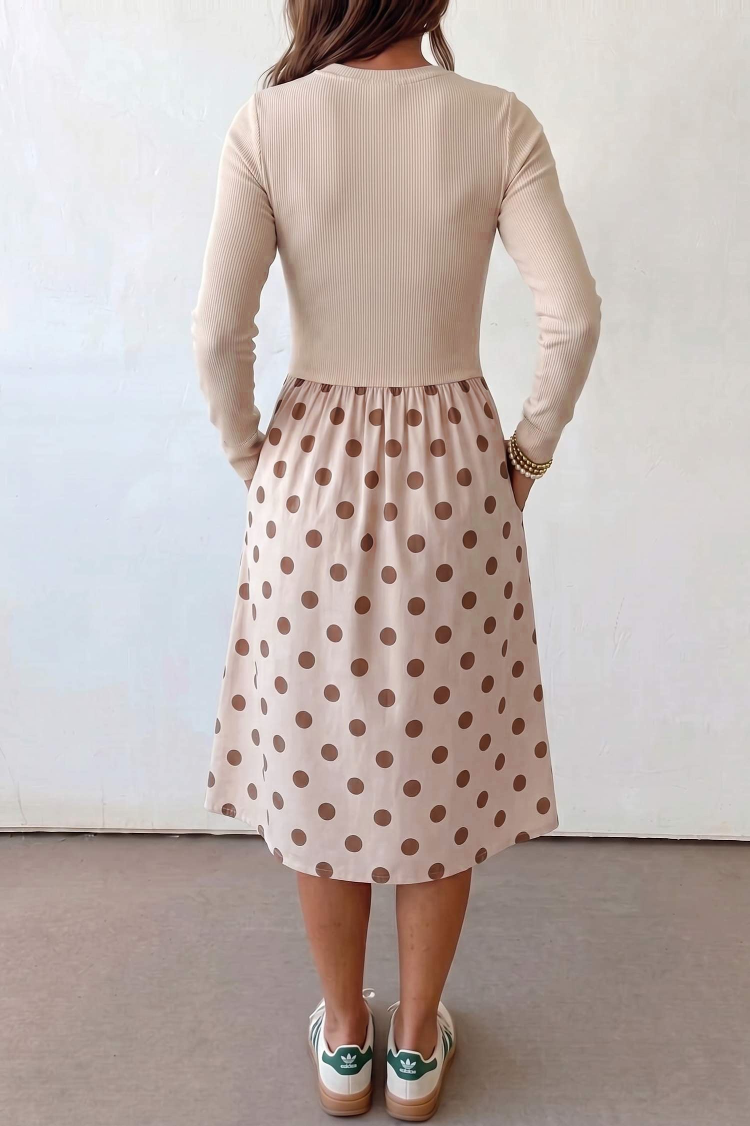 Beige Polka Dot Midi Long Sleeve Dress Secondary image