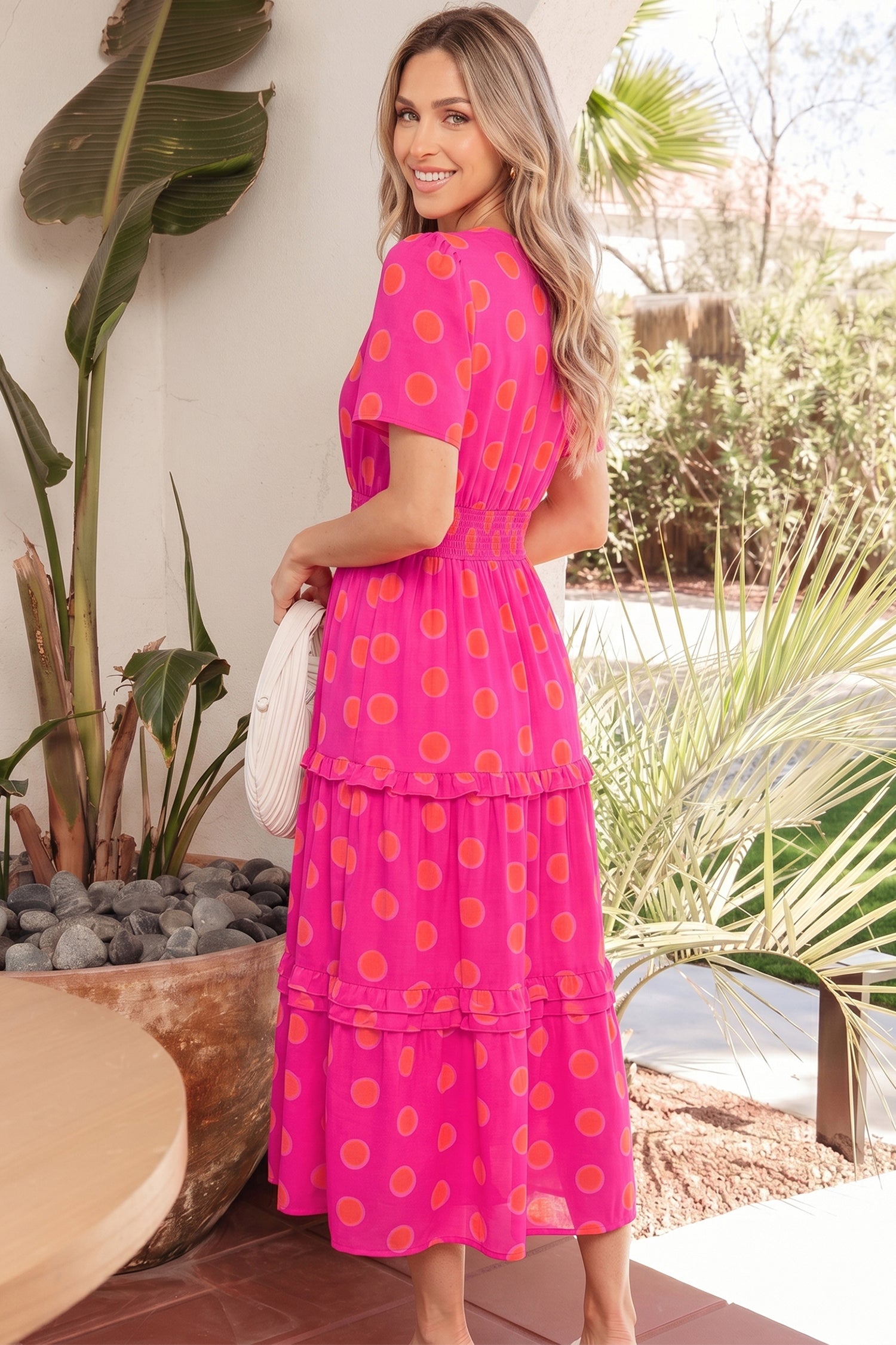 Rose Double Polka Dot Short Sleeve Shirred High Waist Midi Dress Secondary image