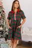 Green Plaid Button Front Short Sleeve Shift Dress