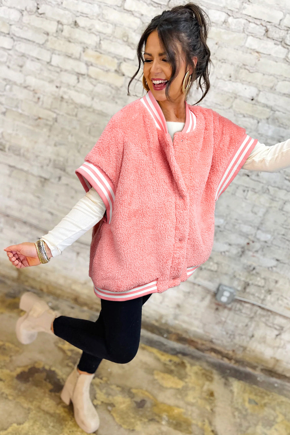 Gossamer Pink Varsity Striped Banding Patchwork Winter Plush Vest Secondary image