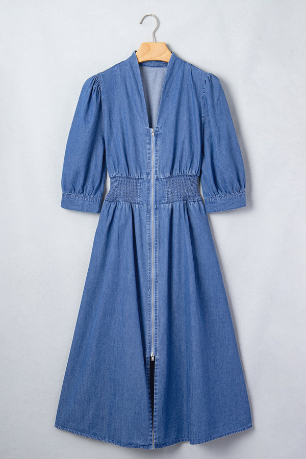 Blue 100% Cotton V Neck Shirred Waist Metal Zipper Denim Midi Dress