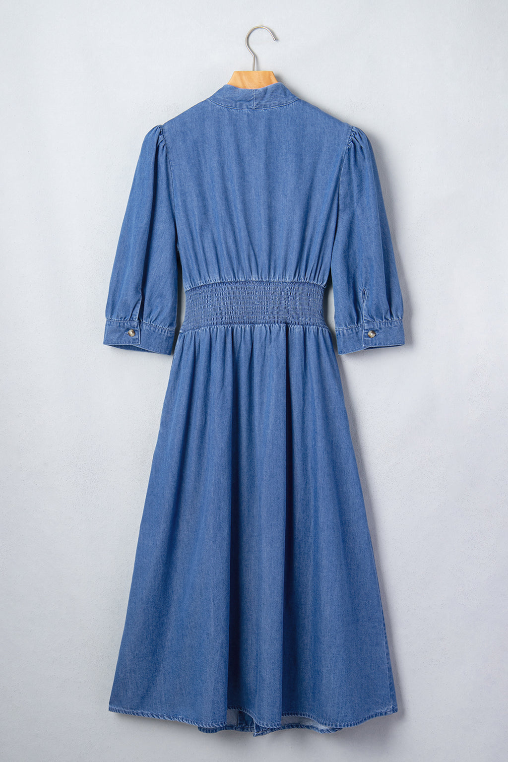 Blue 100% Cotton V Neck Shirred Waist Metal Zipper Denim Midi Dress