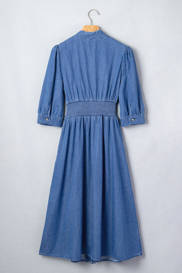Blue 100% Cotton V Neck Shirred Waist Metal Zipper Denim Midi Dress