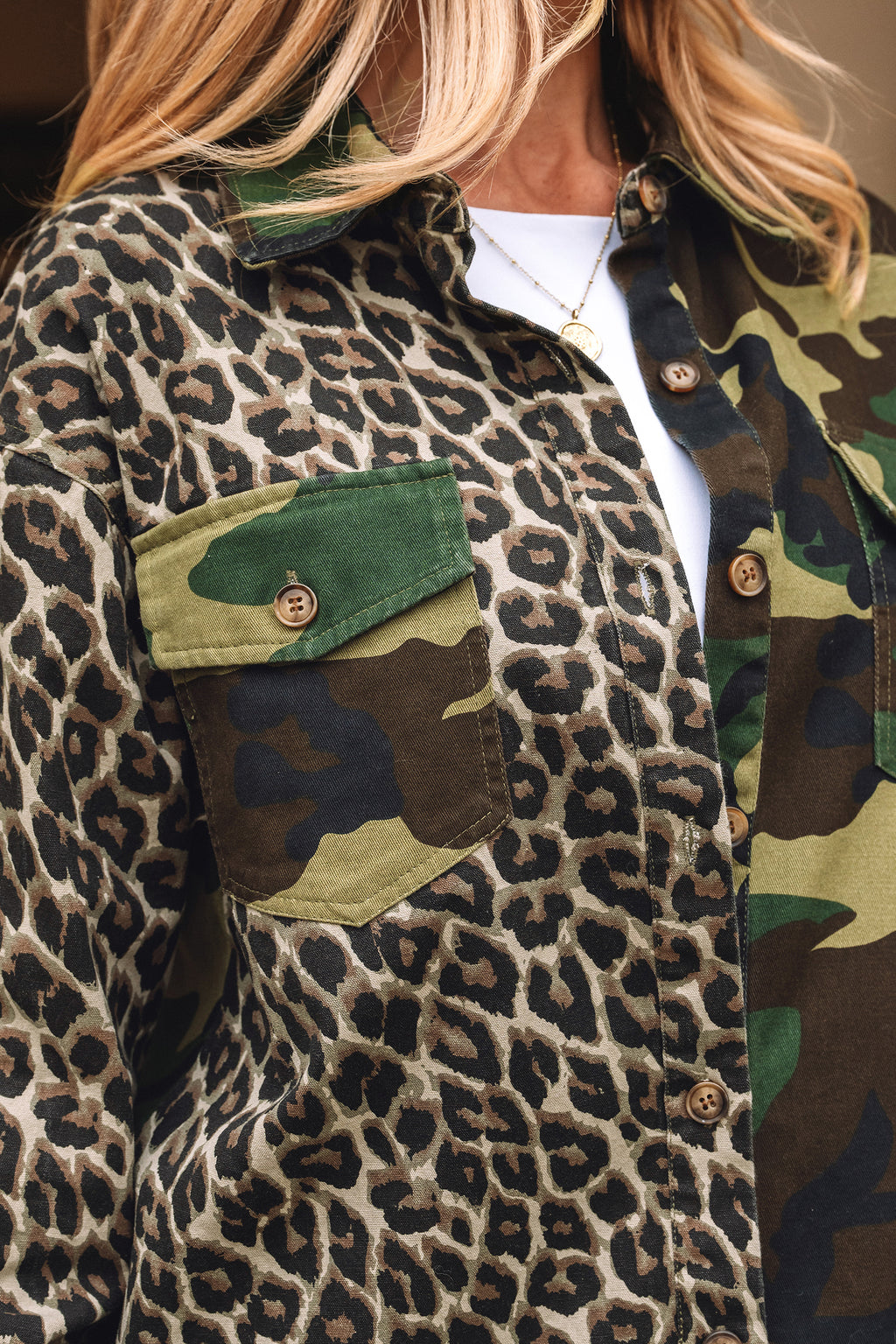Brown 100% Cotton Leopard Camo Patchwork Oversize Shacket