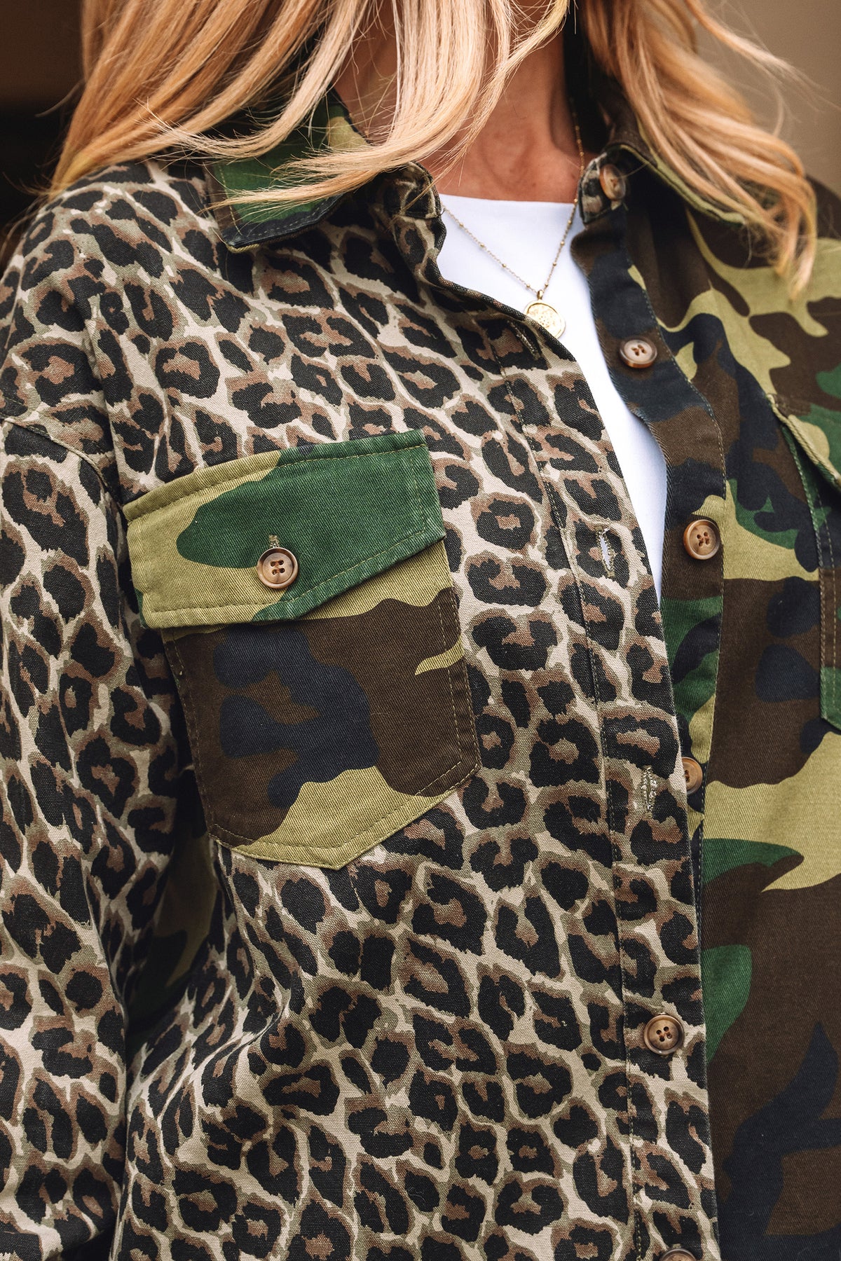 Brown 100% Cotton Leopard Camo Patchwork Oversize Shacket