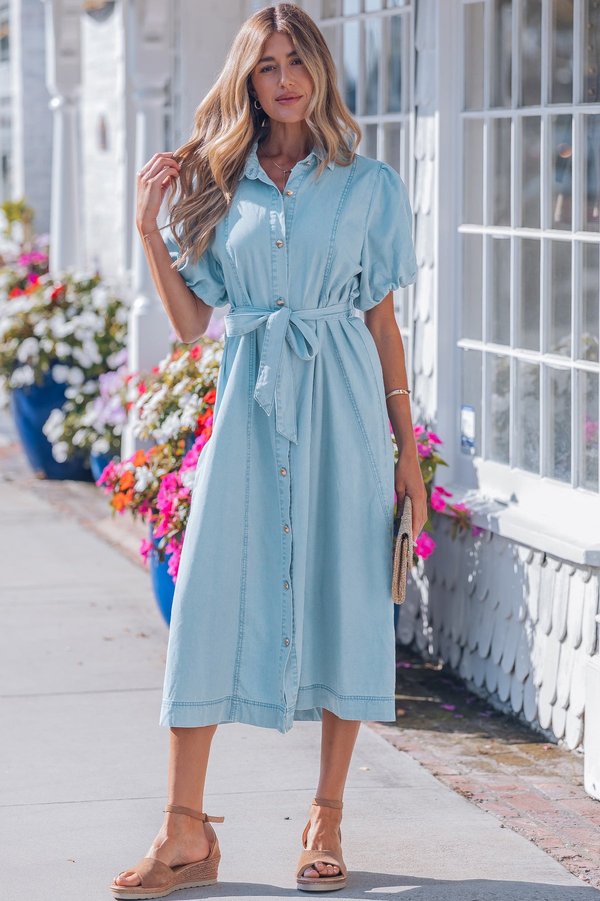 Sail Blue 100% Cotton Full Buttons Collared Short Bubble Sleeve Long Denim Dress