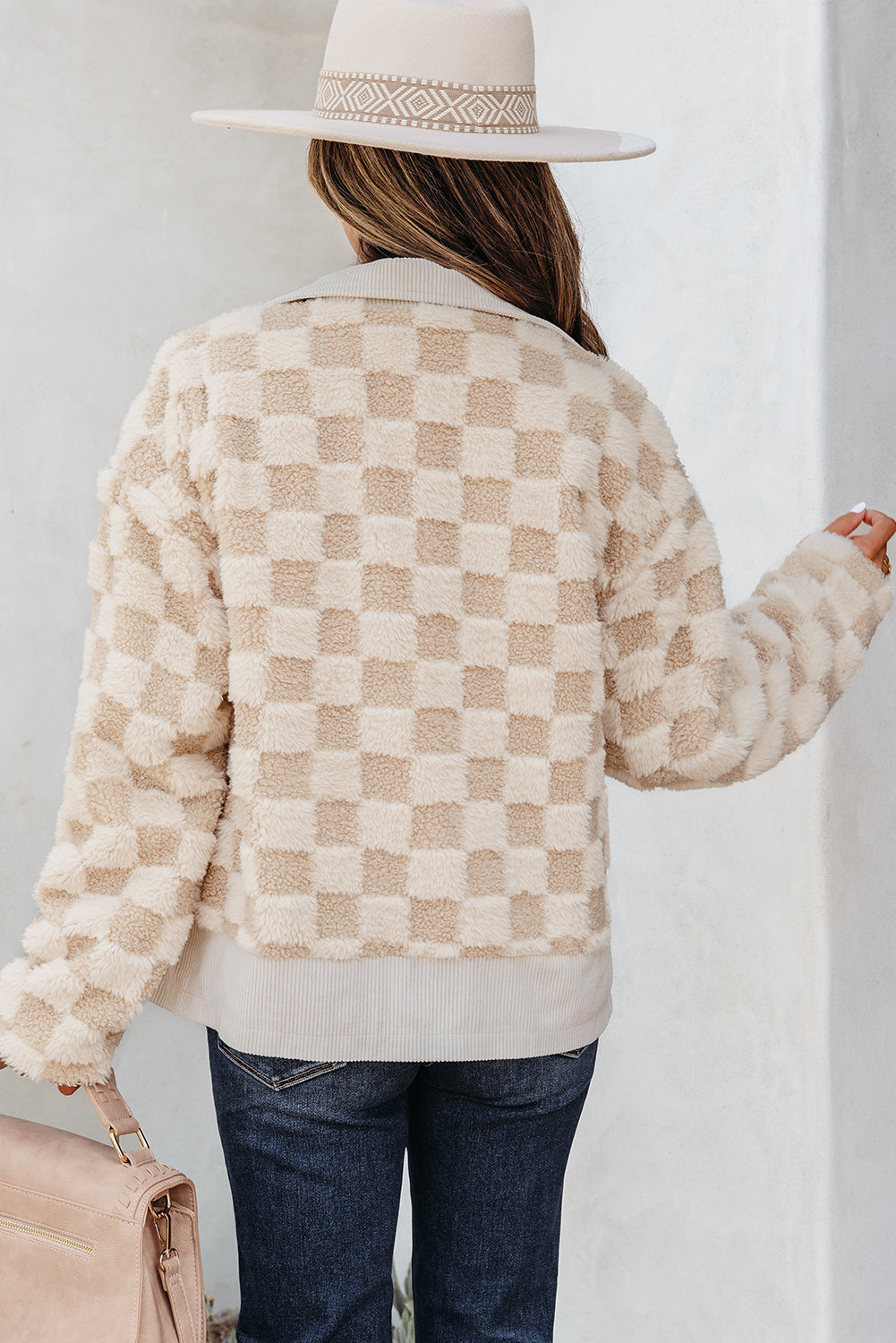 Khaki Checker Sherpa Corduroy Patchwork Zip up Collared Jacket Secondary image