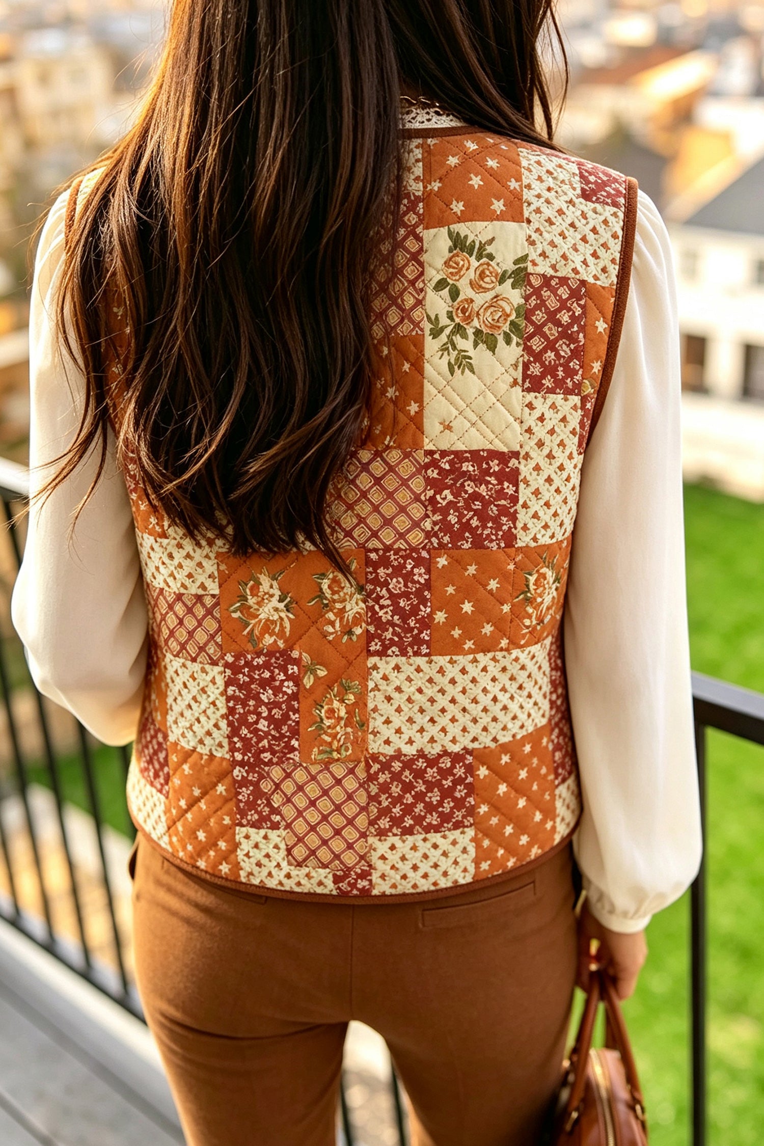 Golden Fleece Quilted Floral Patchwork Contrast Trim V Neck Button Vest Secondary image