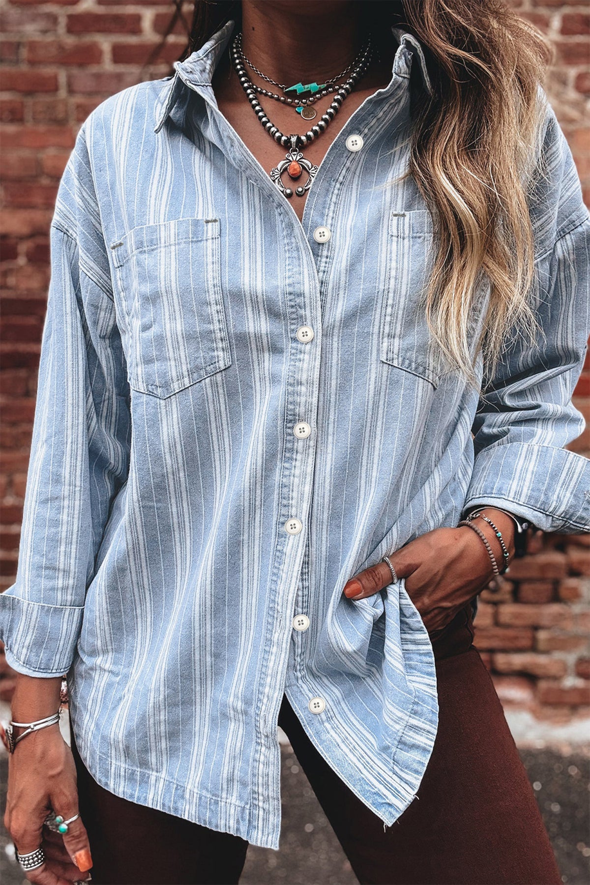 Sky Blue Stripe Boyfriend Chest Pocket Classic Denim Shacket Main image
