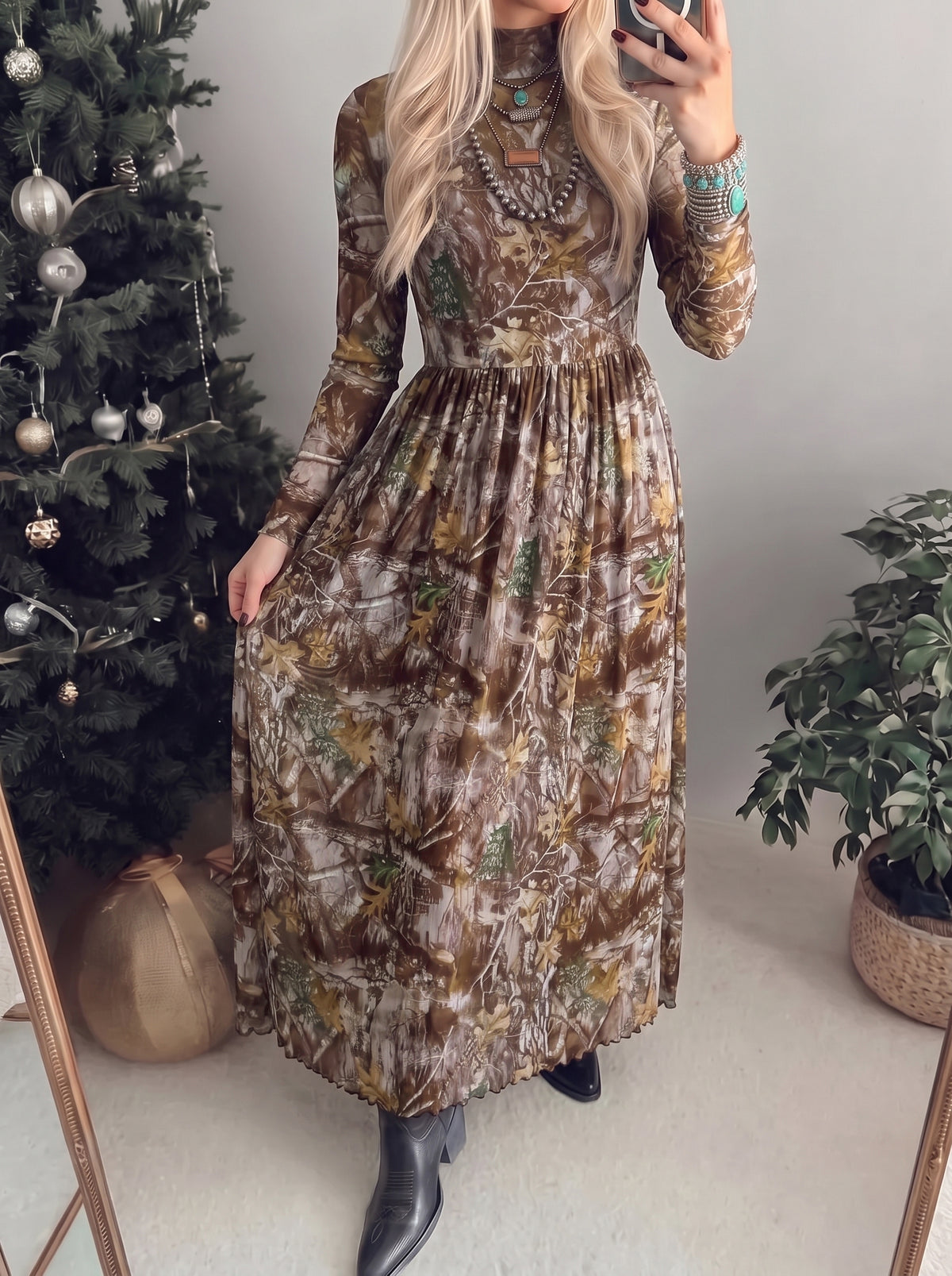 Brown Western Print Mesh Long Sleeve Maxi Dress Main image