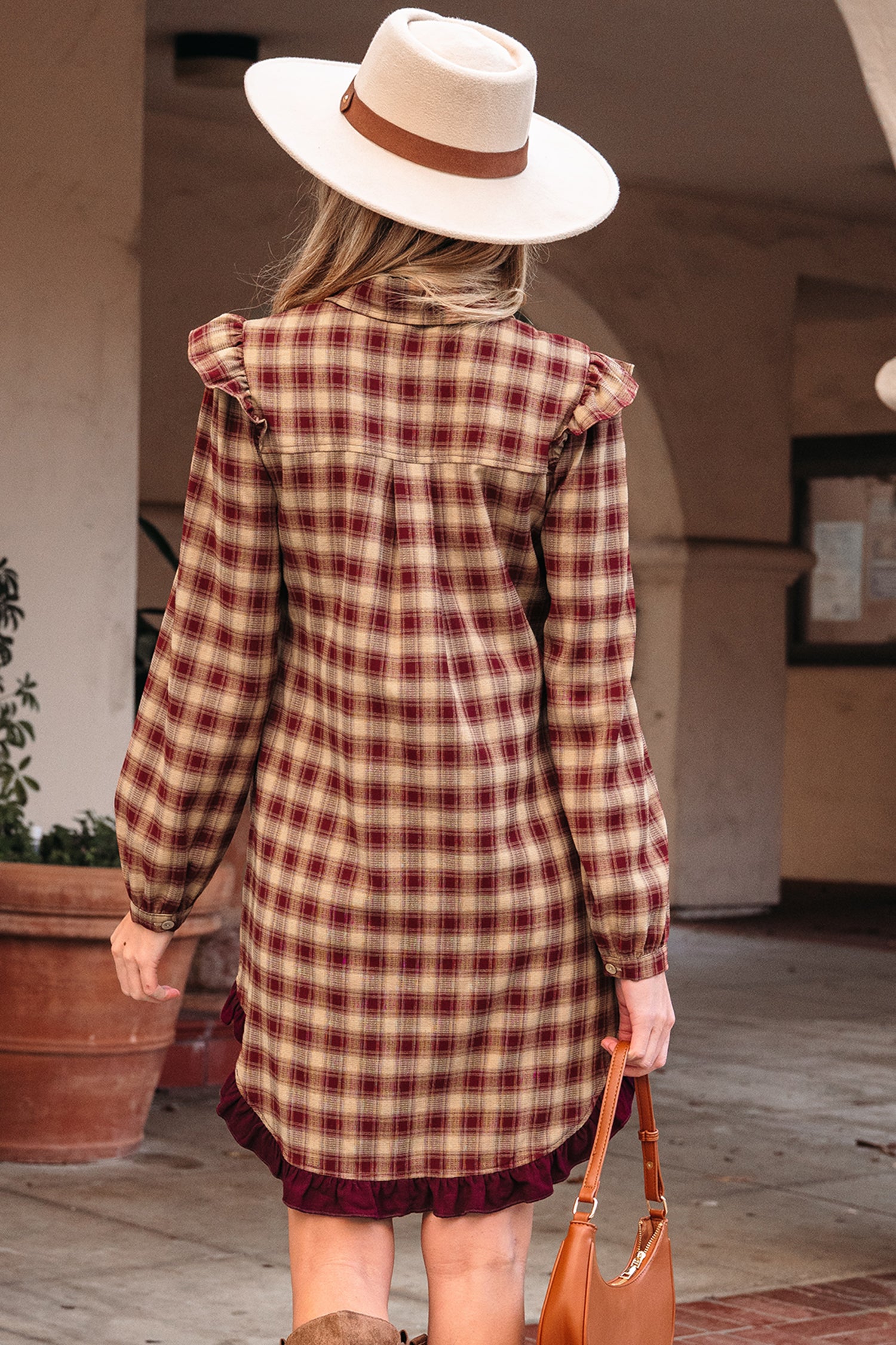 Red Plaid Print Ruffled Long Sleeve Patchwork Hem Mini Shirt Dress Secondary image
