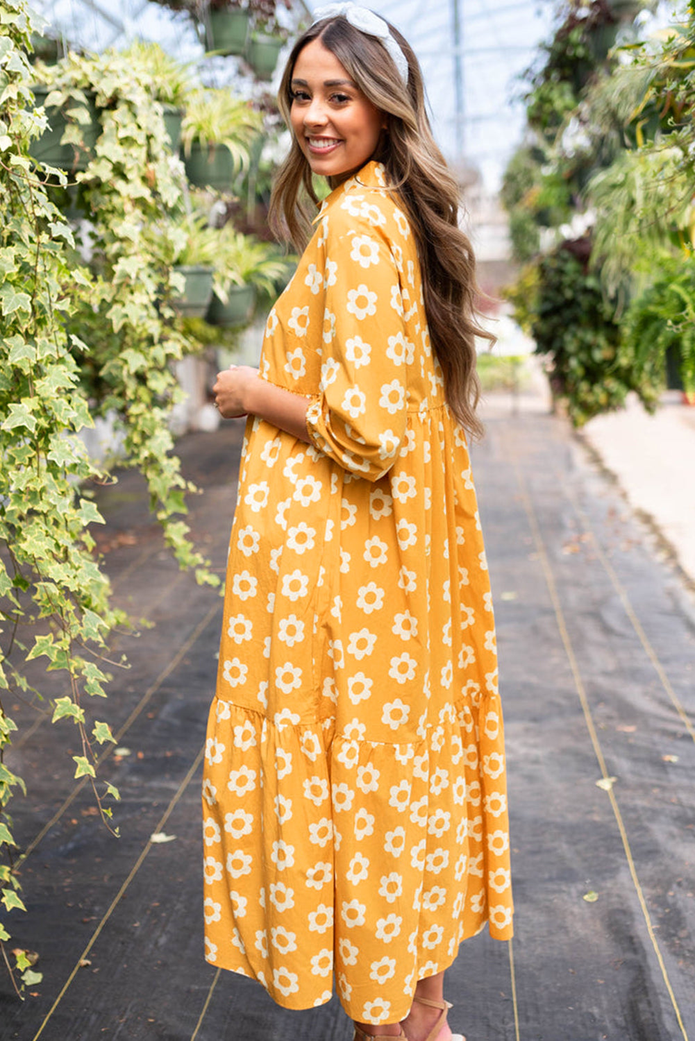 Yellow 100% Cotton Flower Print Bracelet Sleeve Buttons Collared Maxi Dress