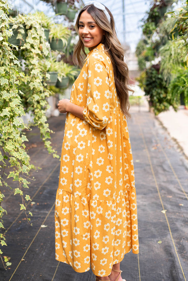 Yellow 100% Cotton Flower Print Bracelet Sleeve Buttons Collared Maxi Dress