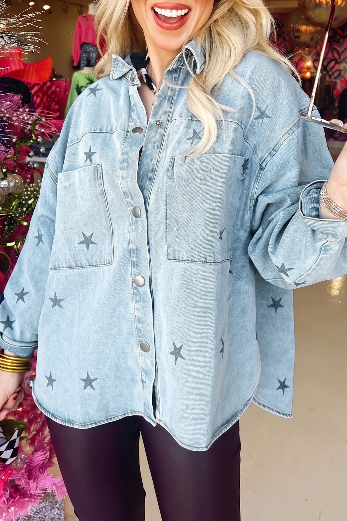 Sky Blue Stars Pattern Long Sleeve Shirt Collar Denim Jacket Main image