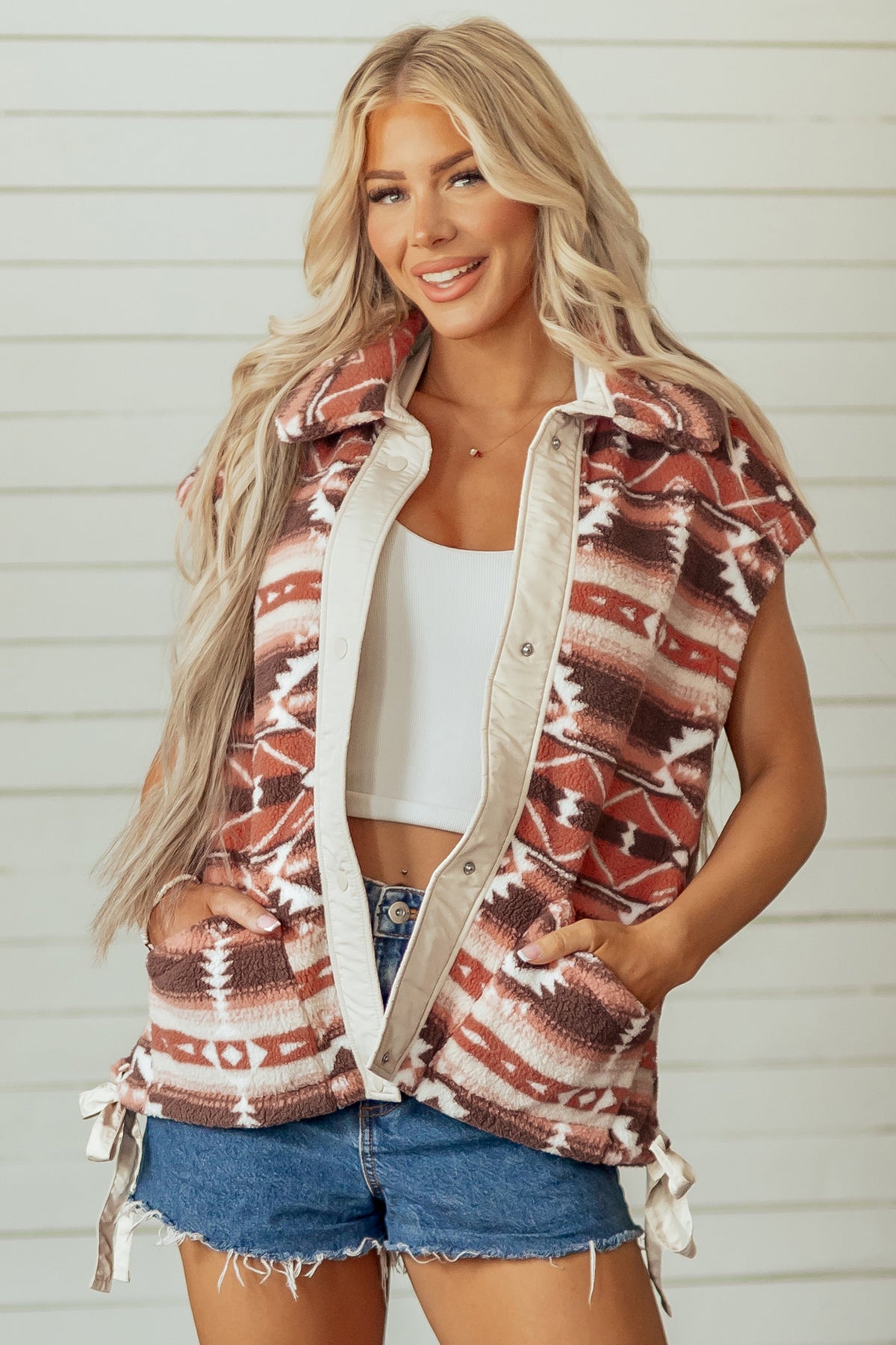 Multicolour Geometric Print Fleece Metal Button Placket Shift Silhouette Vest Main image