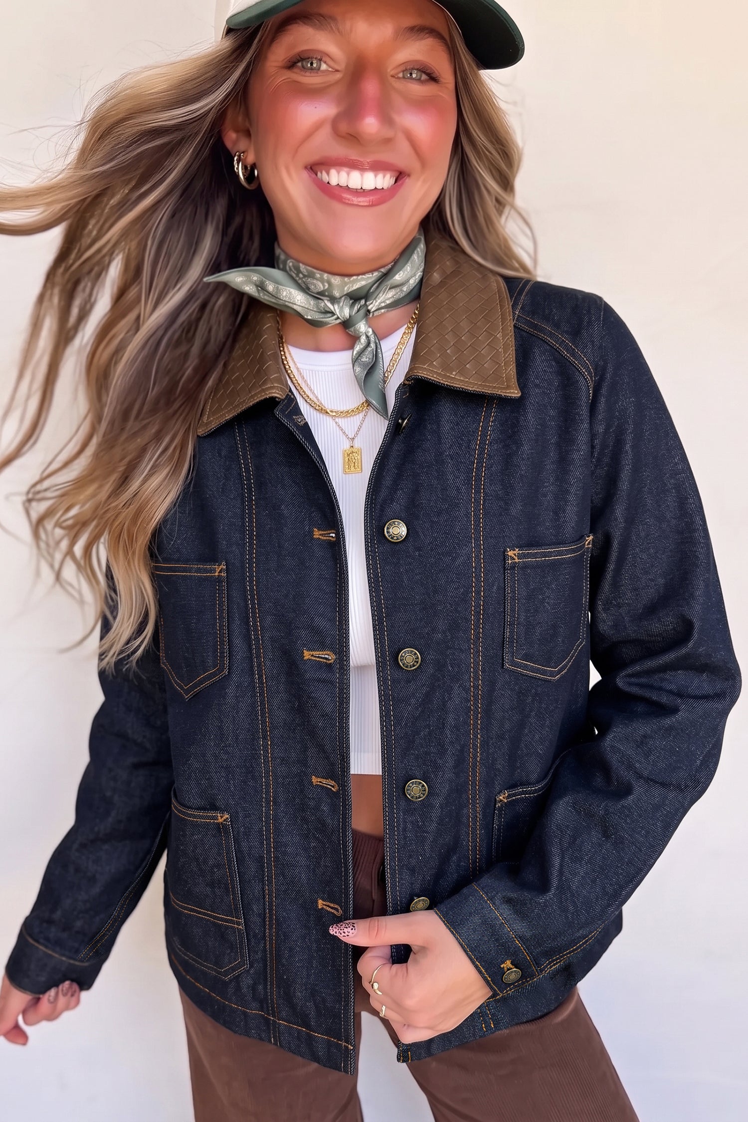 Navy Blue Contrast Collar Stitched Detail Button Denim Jacket Secondary image