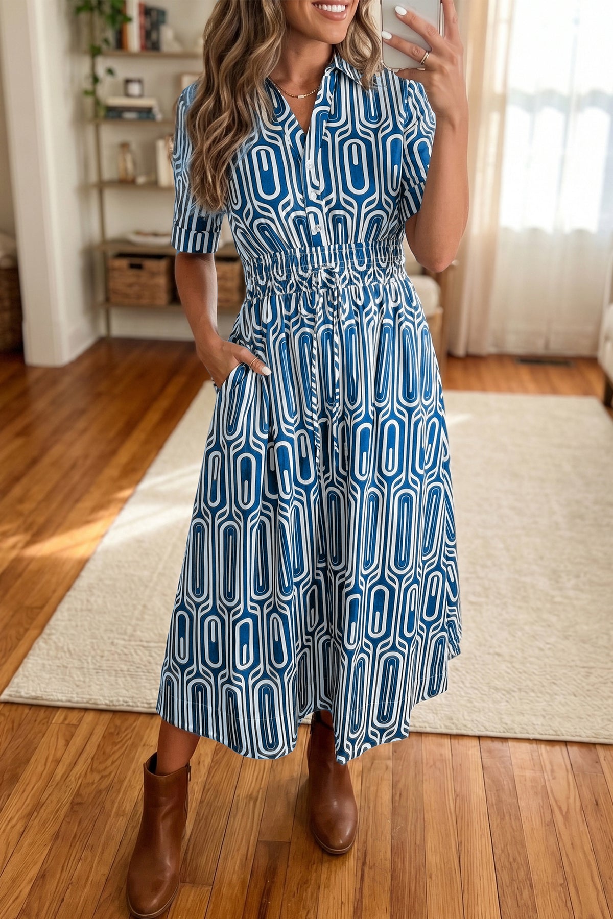 Blue Geometric Print Short Sleeve Drawstring Shirt Collar Dress Main image