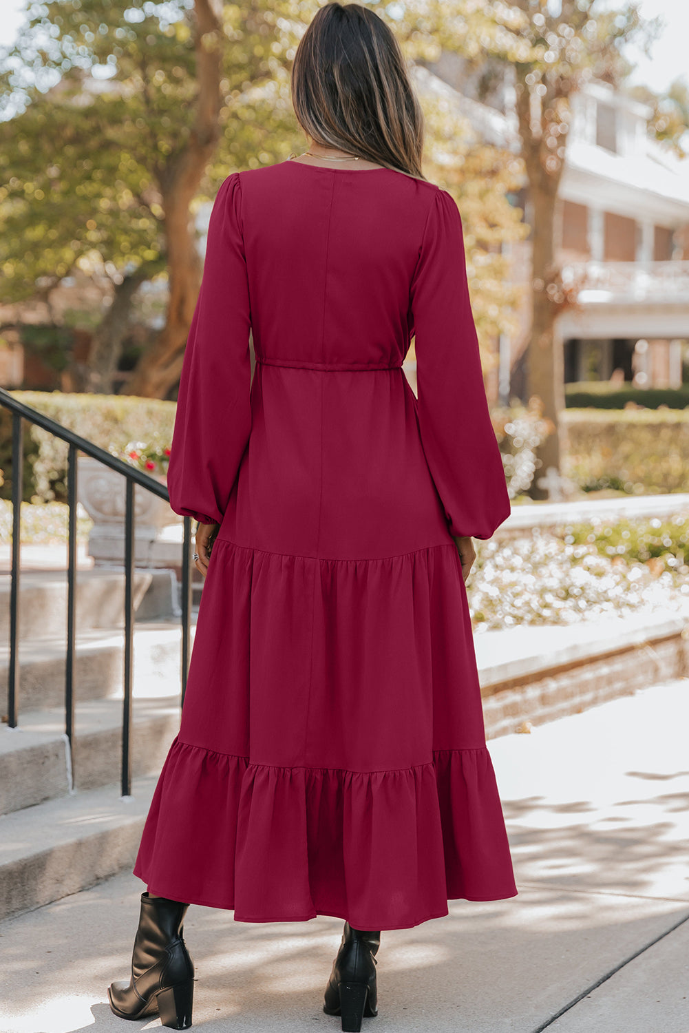 Burgundy Solid Long Sleeve Button V Neck Tiered Maxi Dress Secondary image