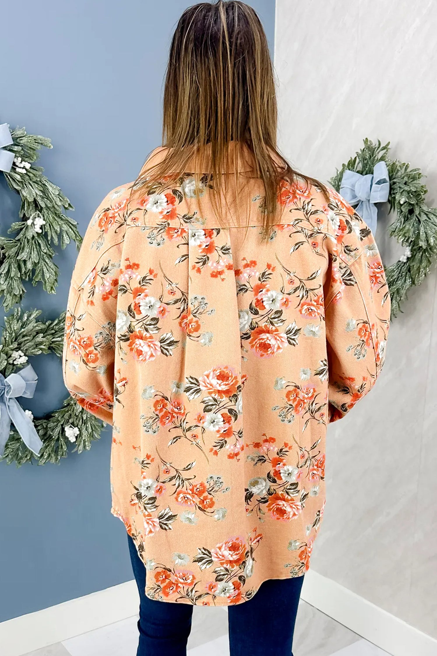 Khaki Floral Print Long Sleeve Shift 100% Cotton Denim Jacket Secondary image