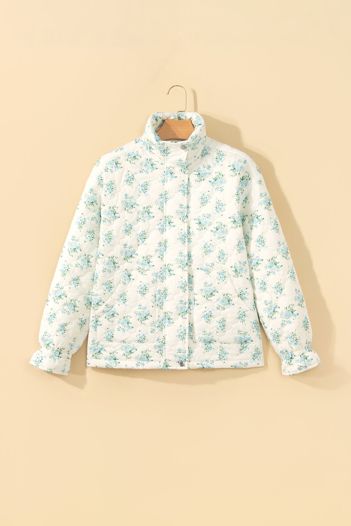 Sky Blue Floral Quilted Flounced Sleeve Casual Puffer Coat