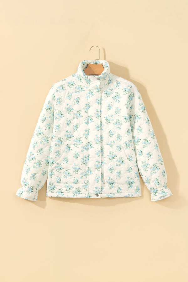 Sky Blue Floral Quilted Flounced Sleeve Casual Puffer Coat