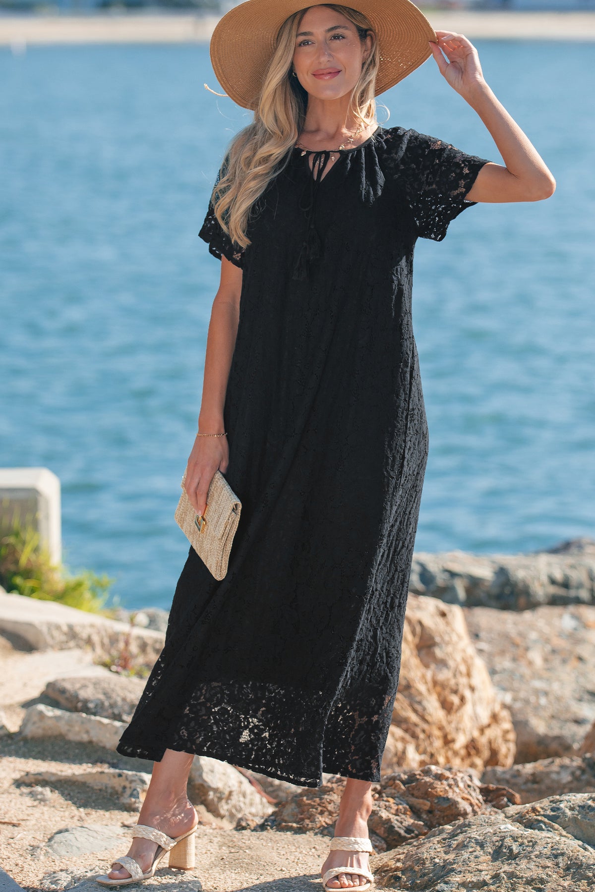 Black Floral Lace Overlay Tassel Tie Short Sleeve Beach Vacation Loose Maxi Dress Main image