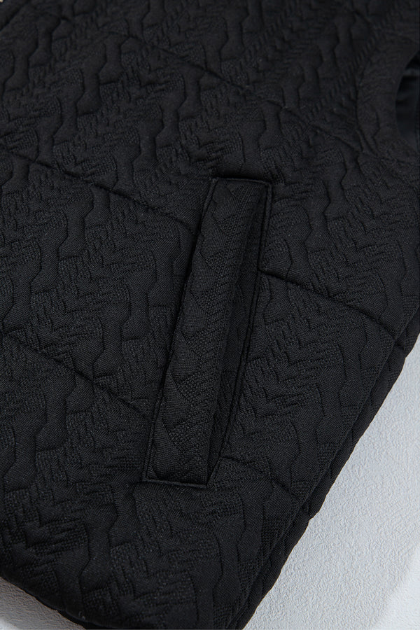 Black Textured Quilted Stand Neck Zipper Winter Vest