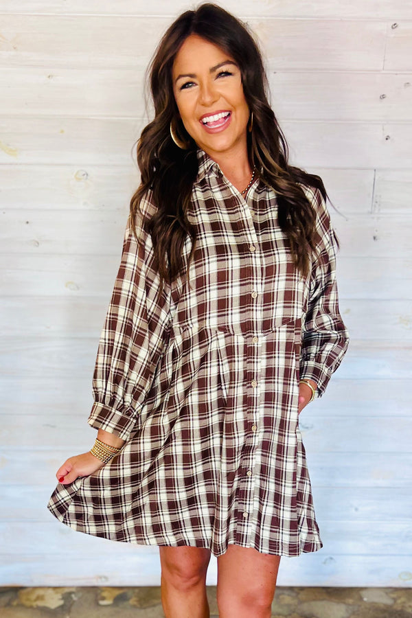 Brown 100% Cotton Plaid Long Sleeve Short Shift Mini Dress