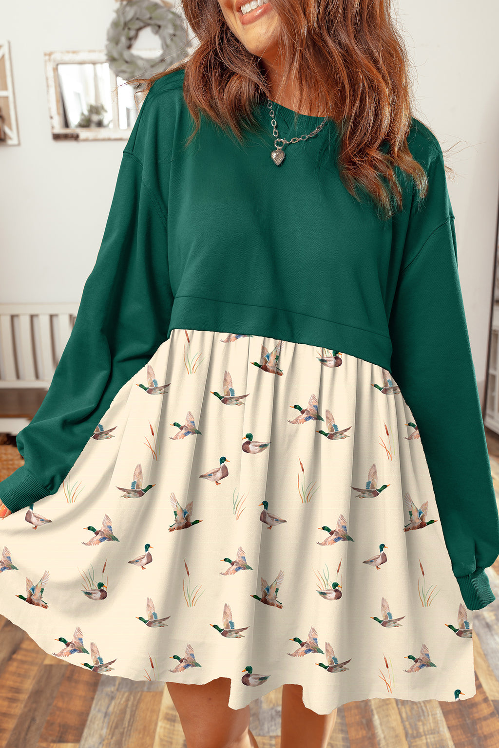 Orange Solid Long Sleeve Patchwork Floral Flared 2-in-1 Mini Dress