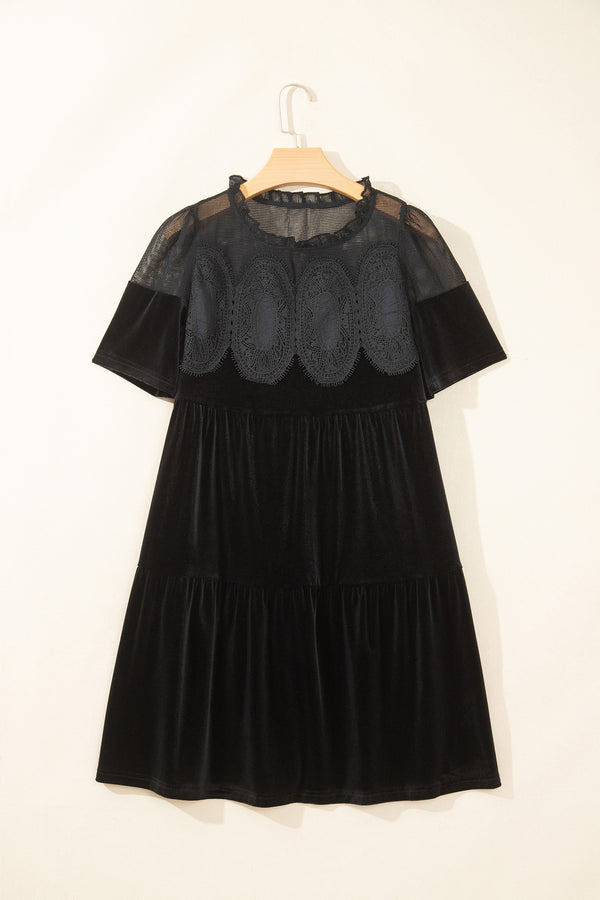 Black Embroidered Velvet Short Sleeve Mini Shift Dress