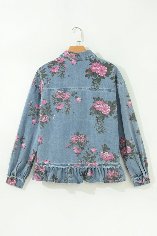 Sky Blue Floral Print Raw Seam Ruffle Hem Denim Jacket
