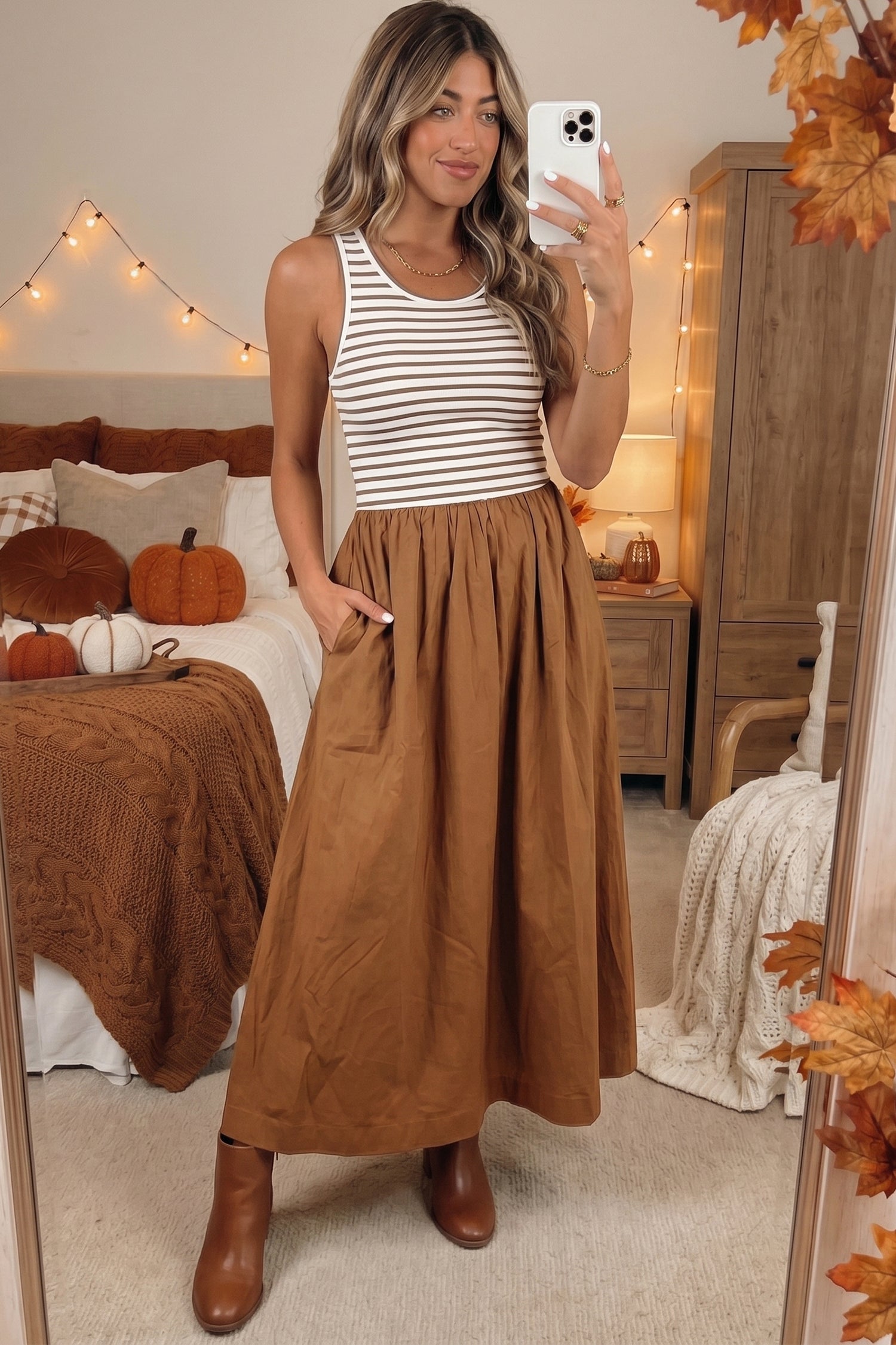 Chestnut Striped Colorblock Patchwork Sleeveless Casual Long Dress Secondary image