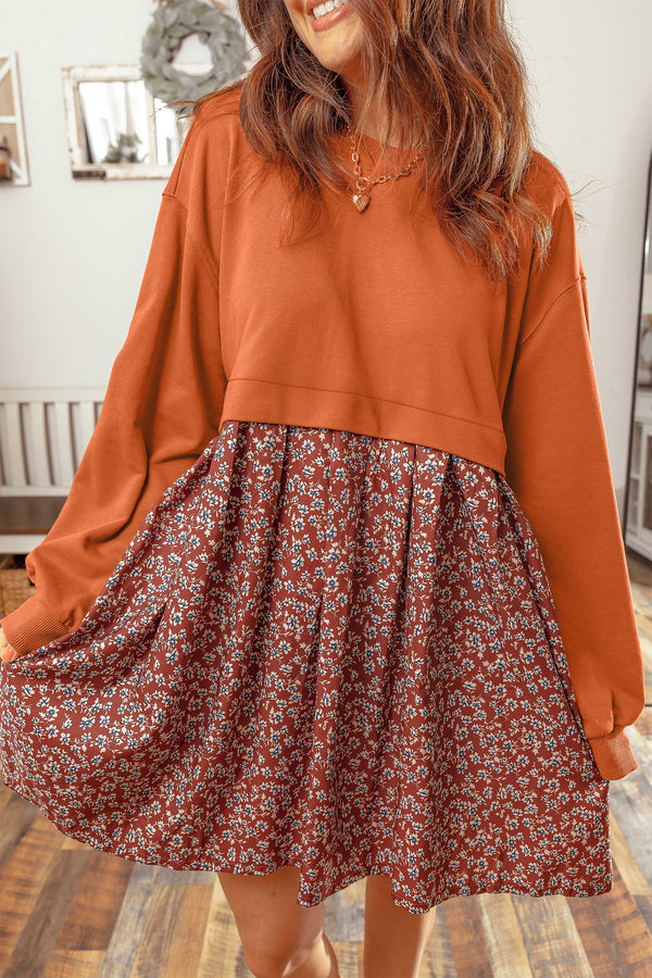 Orange Solid Long Sleeve Patchwork Floral Flared 2-in-1 Mini Dress