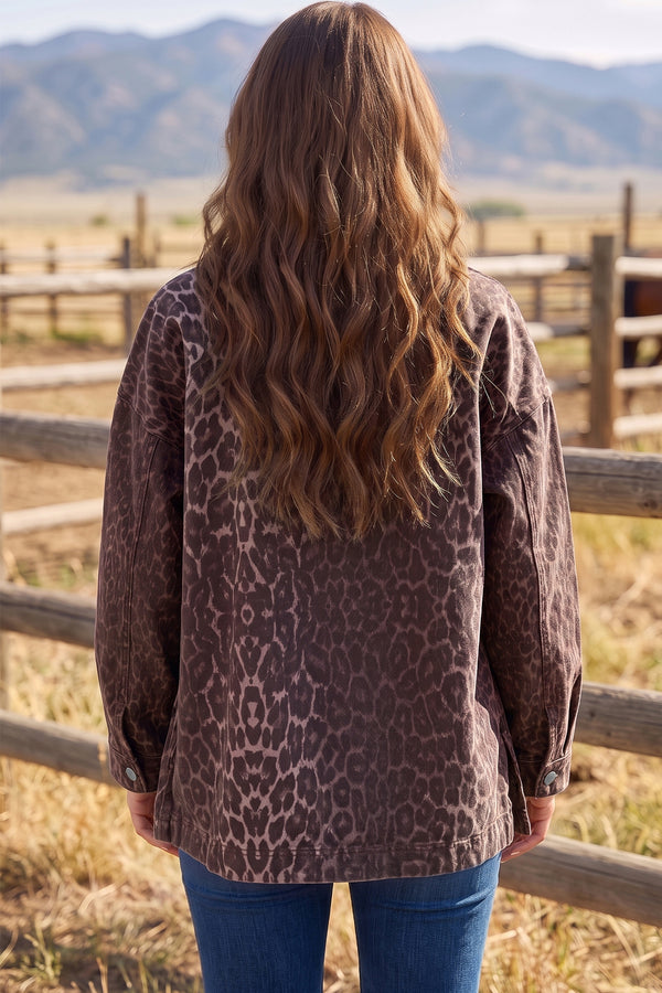 Khaki 100% Cotton Oversized Leopard Print Long Sleeve Patch Pocket Denim Jacket