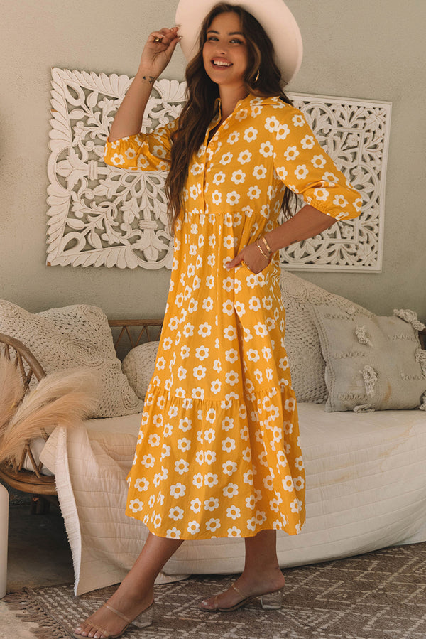 Yellow 100% Cotton Flower Print Bracelet Sleeve Buttons Collared Maxi Dress