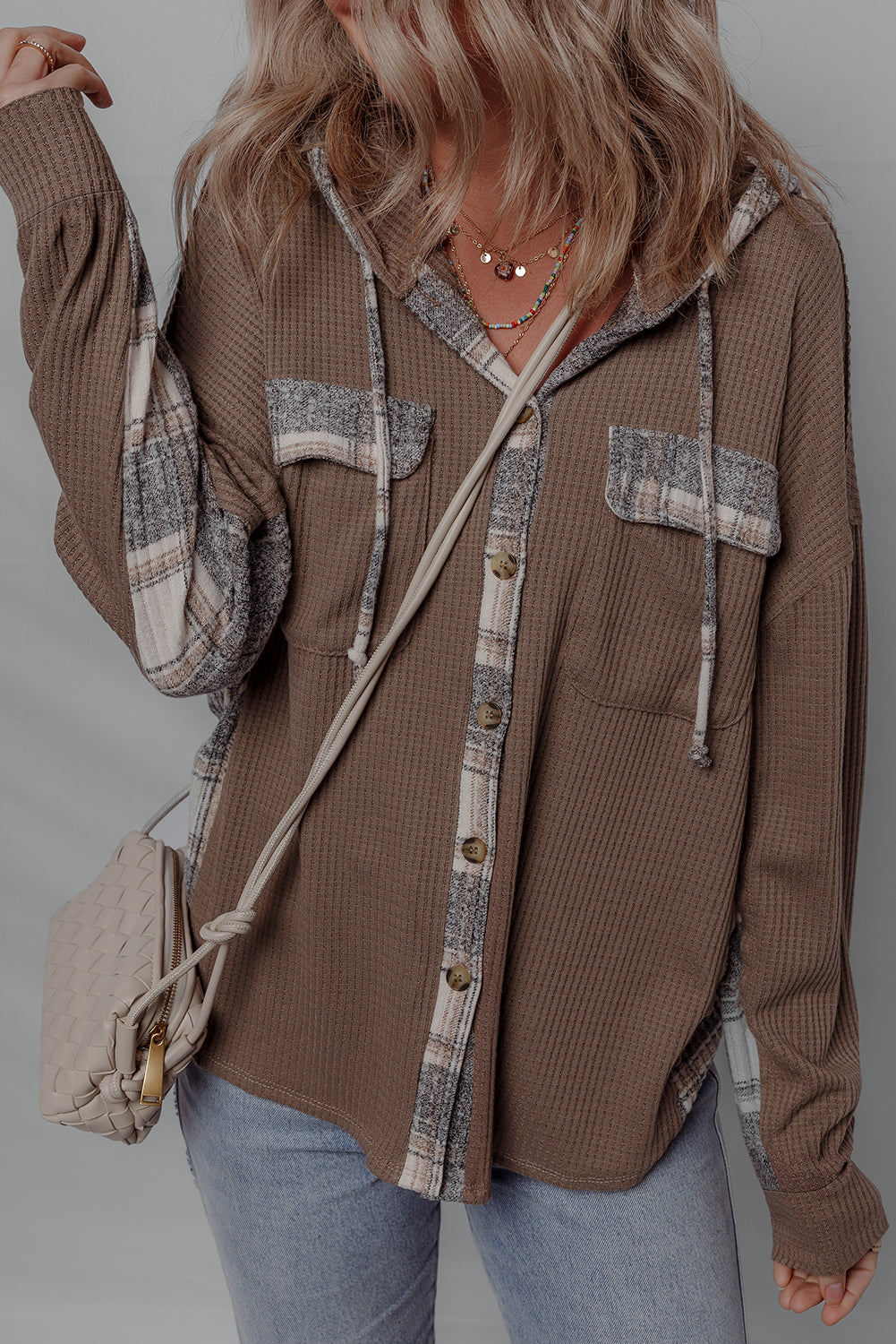Brown Plaid Patchwork Button Down Drawstring Hooded Shacket Main image