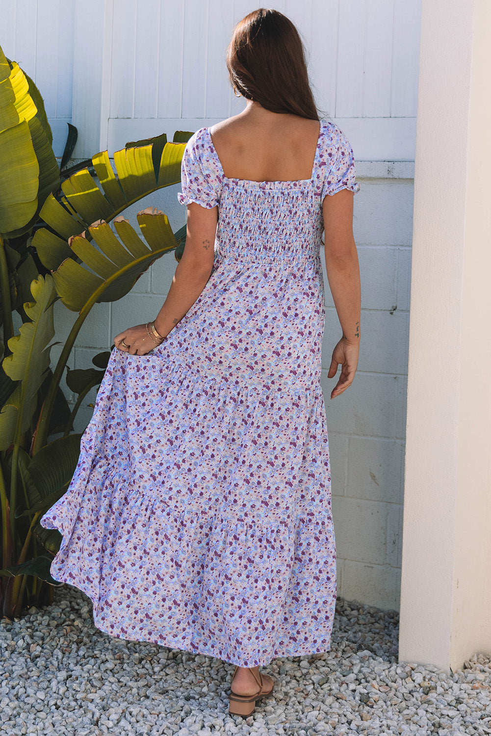 Purple Floral Short Bubble Sleeve Shirred High Waist Maxi Dress Secondary image