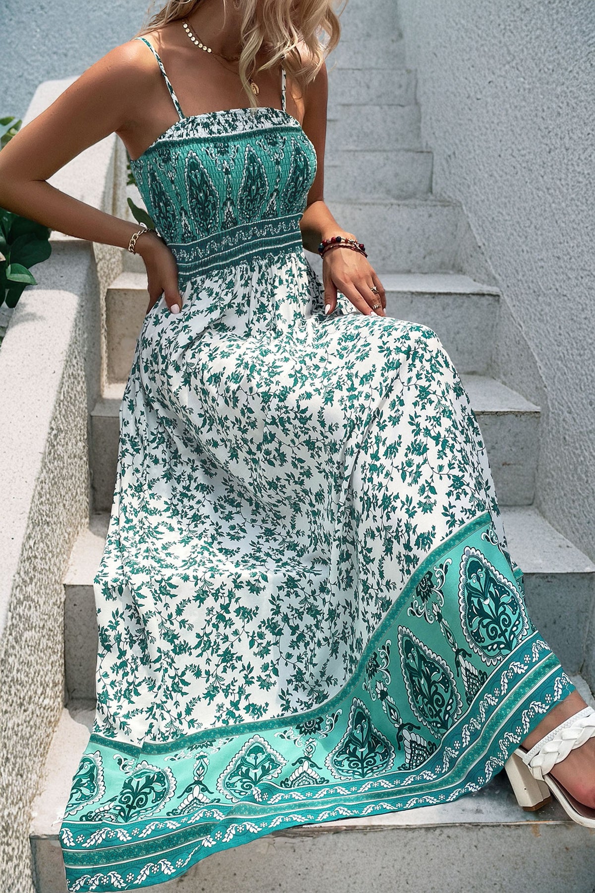 Green Boho Floral Print Shirred Cami Maxi Dress Main image