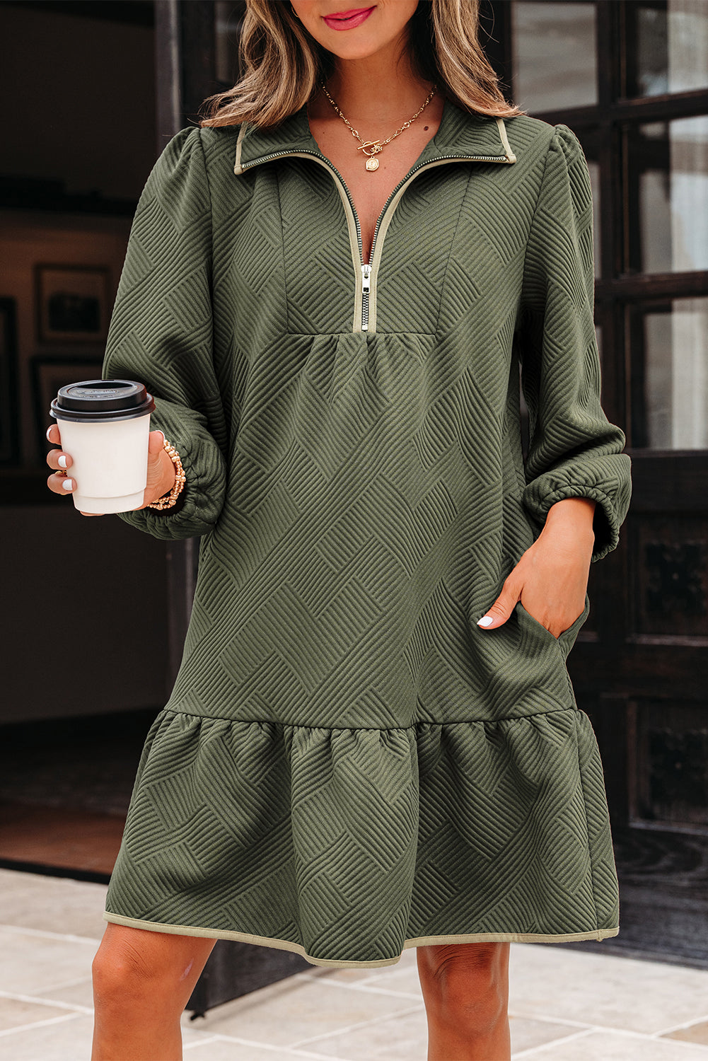 Dearlove Jungle Green  Quarter Zip Collar Bracelet Sleeve Textured Mini Dress Main image