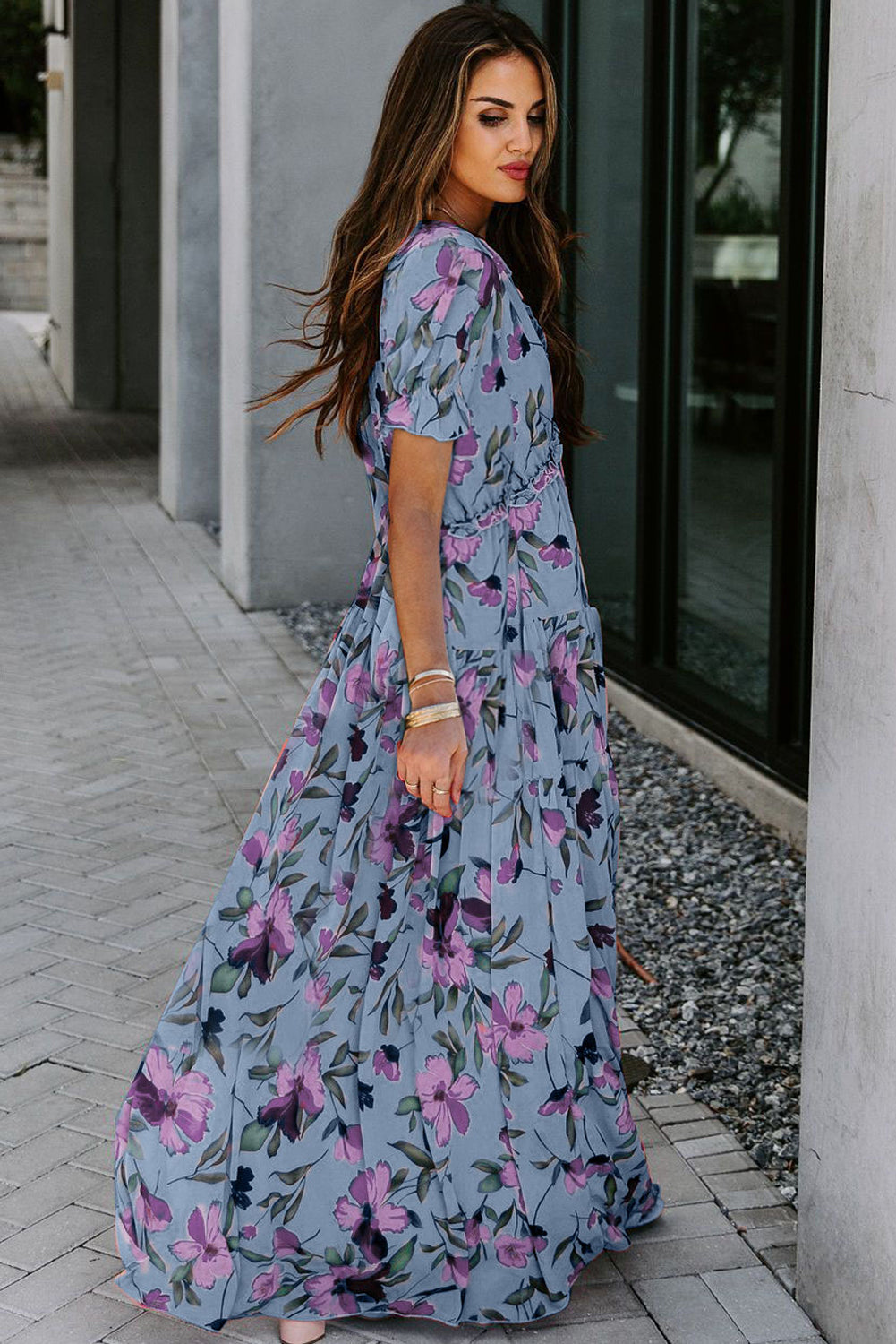 Sky Blue Fiery Floral Print Frilled V Neck Short Sleeve Maxi Dress