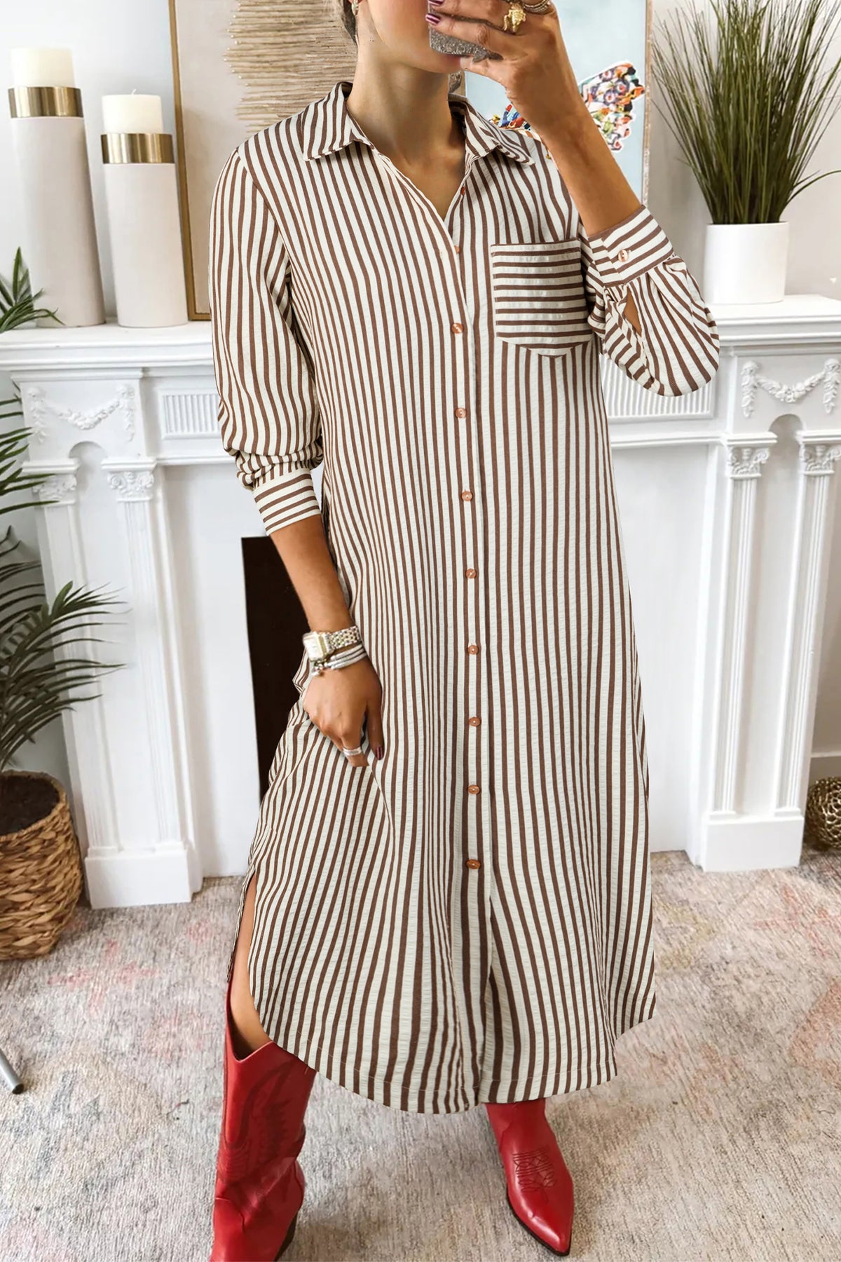 Brown Stripe Textured 3/4 Sleeve Round Hem Split Midi Shirt Dress Main image