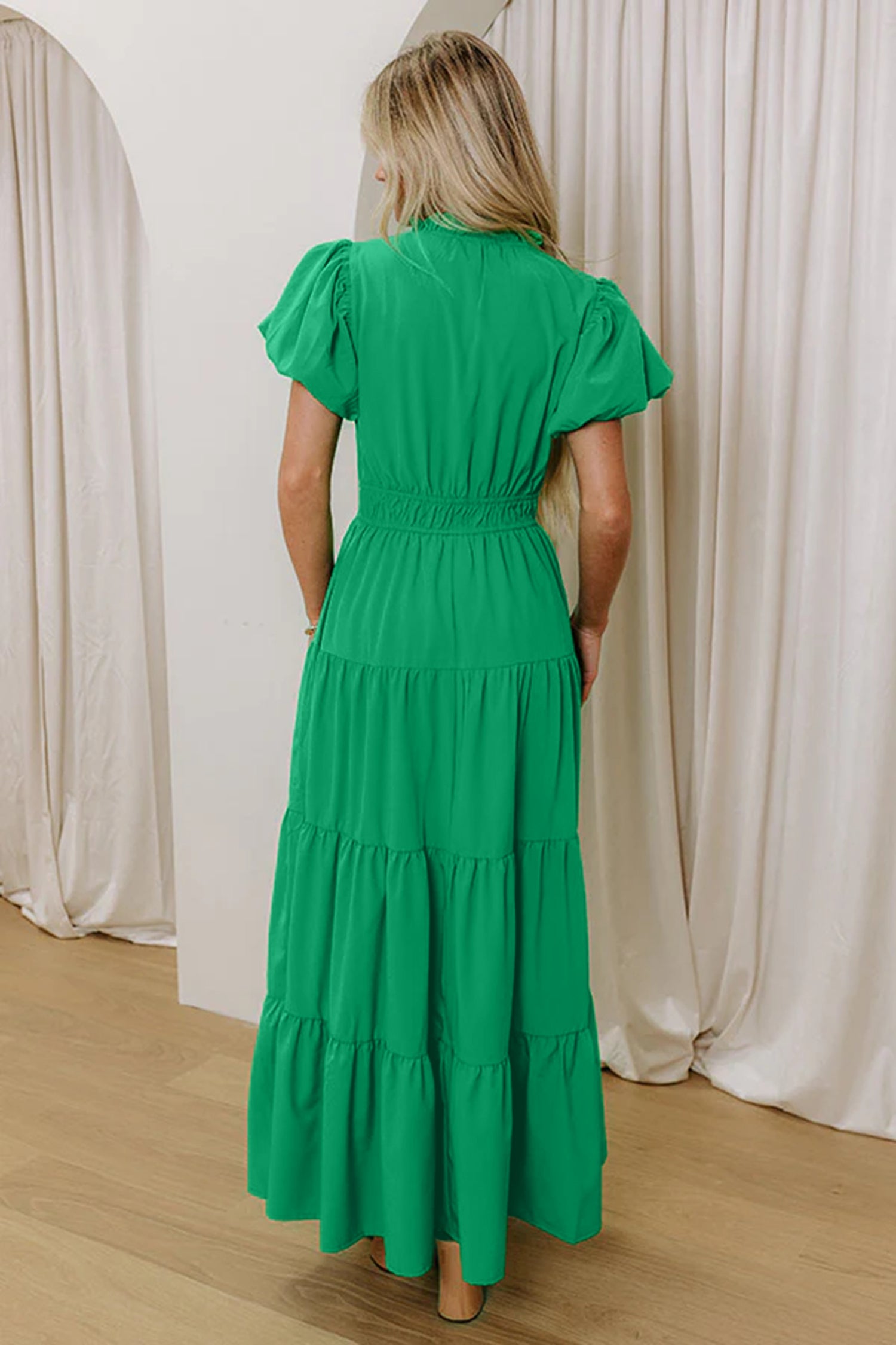 Bright Green Solid Color V Neck Short Puff Sleeve High Waist Tiered Maxi Dress Secondary image
